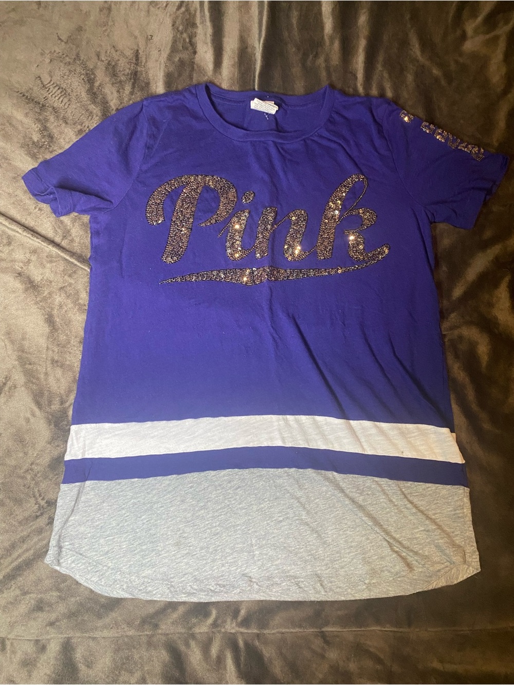 Victoria's Secret PINK Purple & Gray Colorblock Tee with Sequin Logo